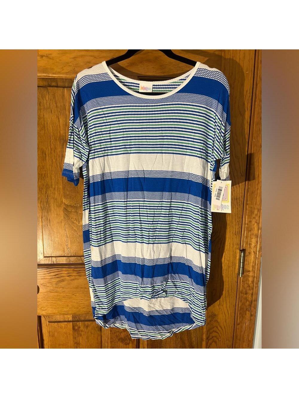 LuLaRoe Irma Tunic Top Shirt Fitted Sleeves High Low Loose Blue Stripes XXS NWT